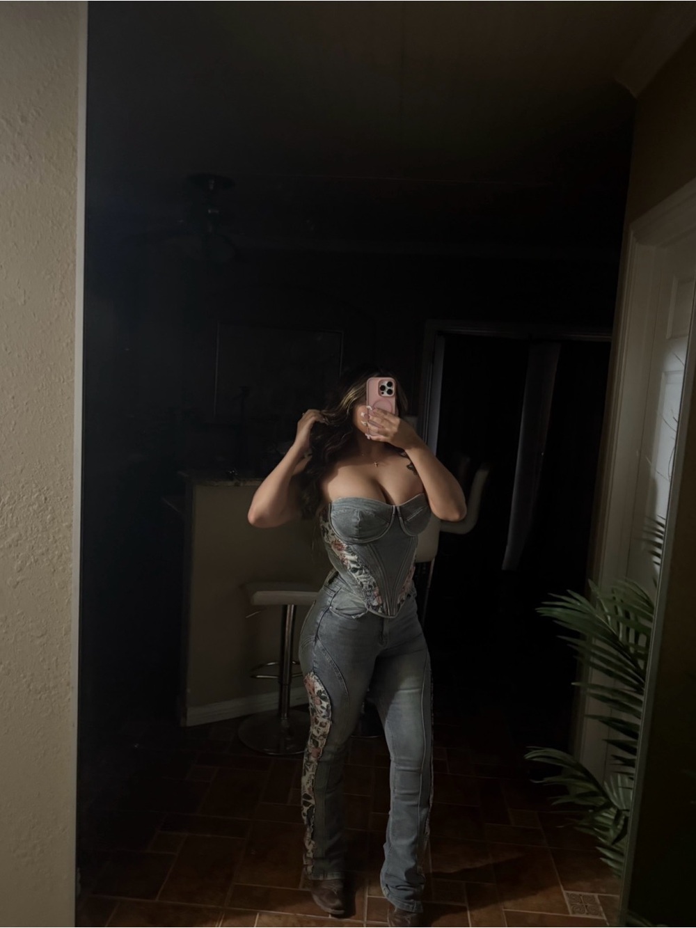 Fashion Nova Strapless Corset Denim Jumpsuit - Medium Blue